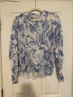 CeCe White and Blue Floral Tie-Front Blouse